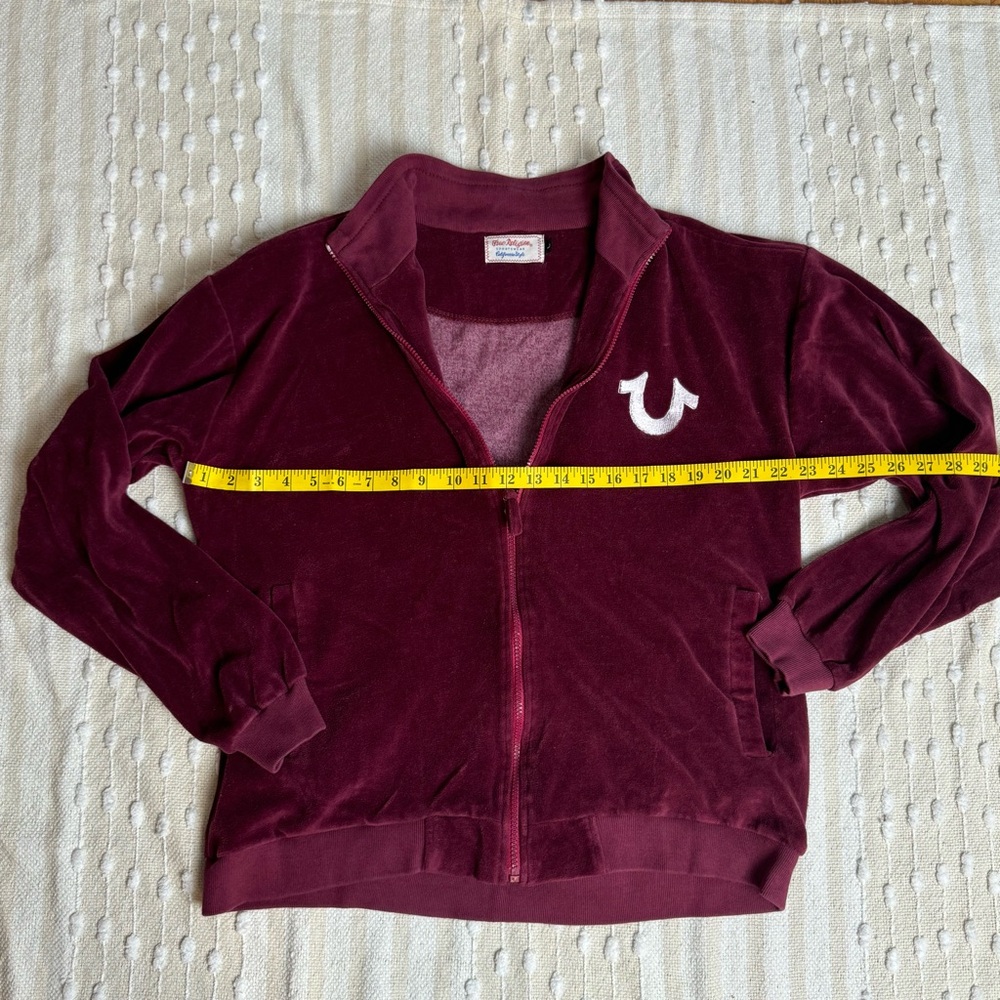 True Religion unisex burgundy velour zip up collared sweatshirt size large - Picture 3 of 8